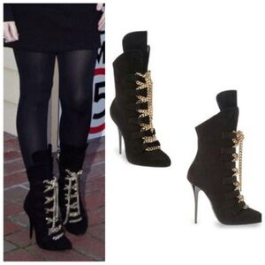 Giuseppe Zanotti Black Suede Heel Boots with Gold Chain Size 6.5 Party Goth Boho